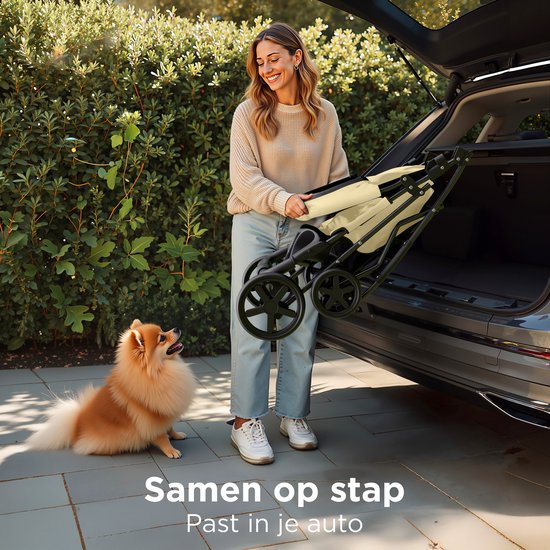 TrevoPet® Zusammenklappbarer Hundekinderwagen - Für kleine und mittelgroße Hunde bis 15 kg - Kinderwagen mit Becherhalterung und großem Aufbewahrungskorb - Beige