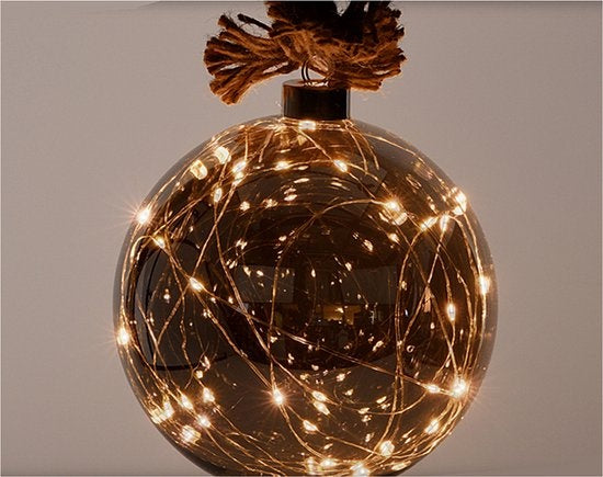 Glaskugel mit 30 LEDs - 15cm - Juteseil 100cm