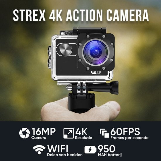 Strex Action Kamera - 4K 16MP - 60FPS - 30M Wasserdicht - WiFi - Inklusive Zubehör - Unterwasserkamera