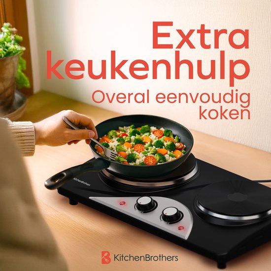 KitchenBrothers Elektrokochfeld - 2 Brenner - Freistehend - 7 Temperaturstufen - 1500W + 1000W - Schwarz