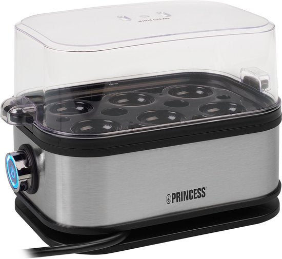 Princess Eierkocher 262046 – für 1 bis 6 Eier – 400 W – Edelstahl – Hart, weich und mittel gekocht – Timer – Inklusive Messbecher und Eierstecher