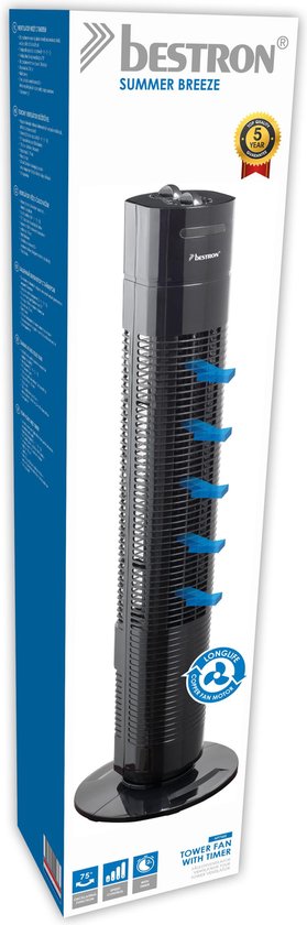 Bestron Turmventilator, Ventilator mit 3 Geschwindigkeitsstufen & 75° Grad Drehfunktion, inkl. Timer, Höhe: 78 cm, 35W, AFT760Z, Farbe: schwarz