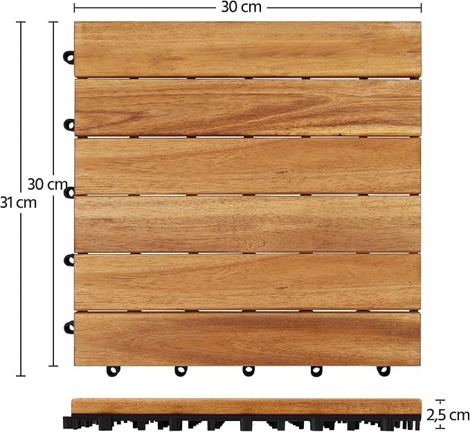 Yaheetech Terrassenfliesen aus Akazienholz mit Klicksystem – 27 Stück – 30 x 30 cm – 2,6 m² – Holzfarbe