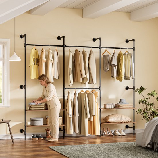 SoBuy Wandgarderobe mit 4 Kleiderstangen und 4 MDF-Regalböden, offener Kleiderschrank, Tragkraft 120 kg für das Schlafzimmer, 265 x 48 x 220 cm, Industrial-Schwarz KLS19-SCH