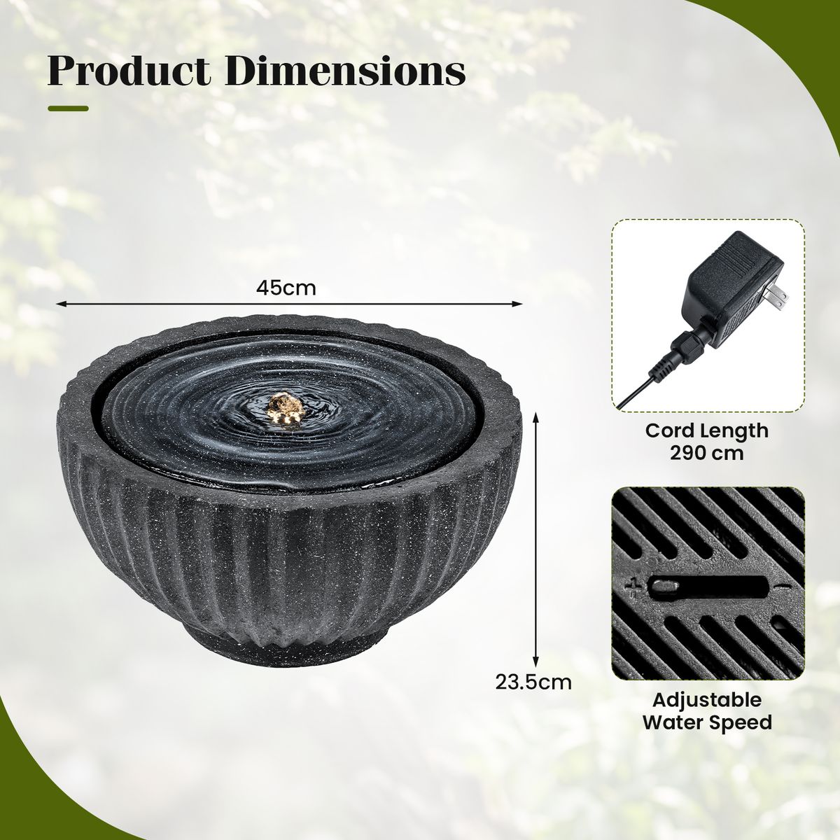 Coast Runder Gartenbrunnen – mit LED-Beleuchtung – Steinoptik – 45 x 45 x 23,5 cm – schwarz