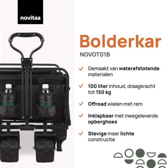 Novitaa Bolderkar faltbar - Starker Rahmen - Dickere Räder mit Bremse - 150KG Tragfähigkeit - 100L Kapazität - Waschbares Polyester - Schwarz