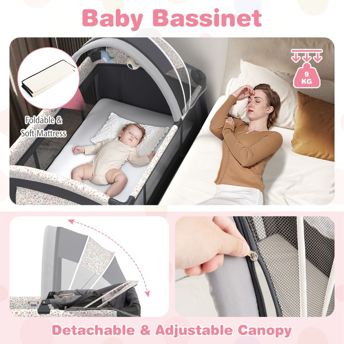 Coast 4-in-1 tragbares Babybett – mit Wickeltisch und Spieluhr – verstellbares Verdeck – grau 102 x 72 x 82 cm
