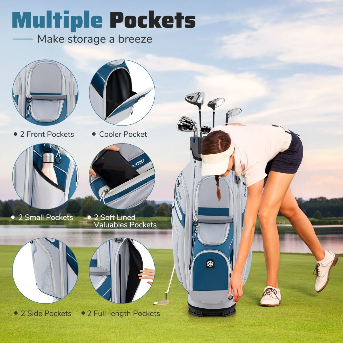 Coast Golf Bag mit 14 Fächern, 11 Taschen, Trageriemen und Regenschutz - leichte Golf Cart Bag - 34x24x90,5 cm - Marineblau