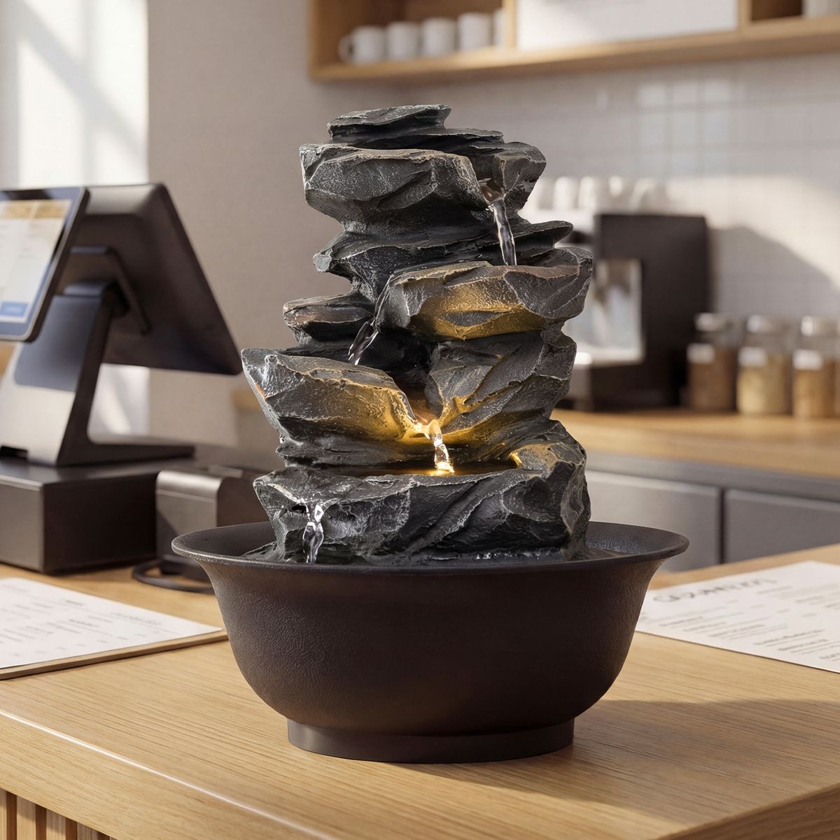 Coast Tischwasserfontäne – Wasserfall im Fels-Look – LED-Beleuchtung – schwarz – 21,5 x 26 cm