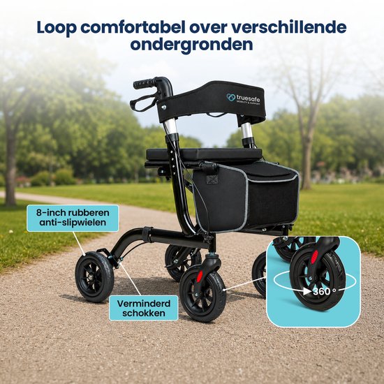 TrueSafe Rollator, leicht und zusammenklappbar (6,9 kg) – Für drinnen und draußen – Inkl. ergonomischem Sitzkissen, Beleuchtung, Rückenlehne, Gehstockhalter und mehr – Schwarz
