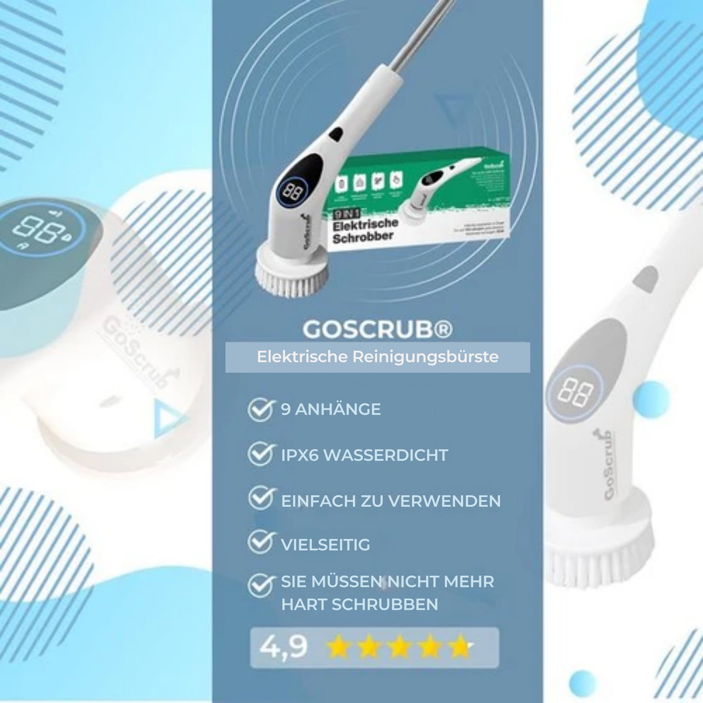 GoScrub® Elektrische Reinigungsbürste Cleaning King V2 - Für Bad oder Küche - Mit Griff - 9 Aufsätze