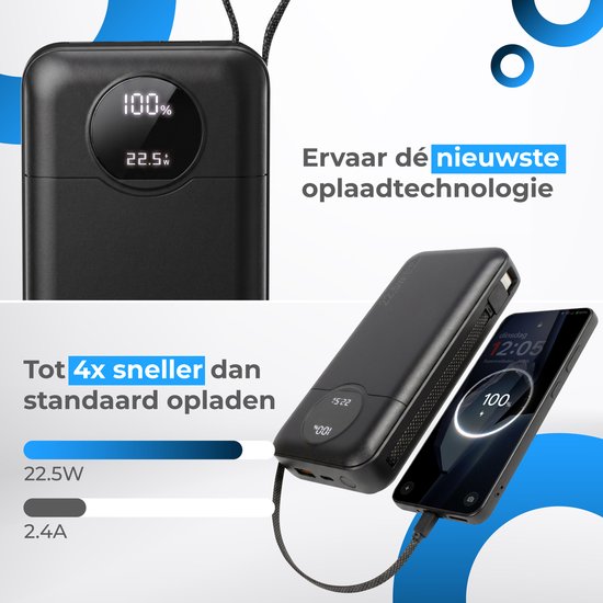 Nuvance Powerbank 20000 mAh – 22,5 W Schnellladegerät mit USB-C und 8-Pin-Anschluss – Notfallpaket – 2 Anschlüsse – 2 integrierte Kabel – Powerbank