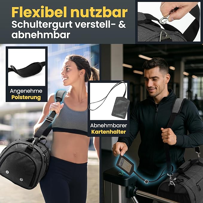 Herowerk Sporttasche mit Schuhfach und Nassfach, Trainingstasche für Damen und Herren, ideal als Reisetasche, Fitnesstasche, Trainingstasche oder Sporttasche, grau, Sporttasche mit Schultergurt