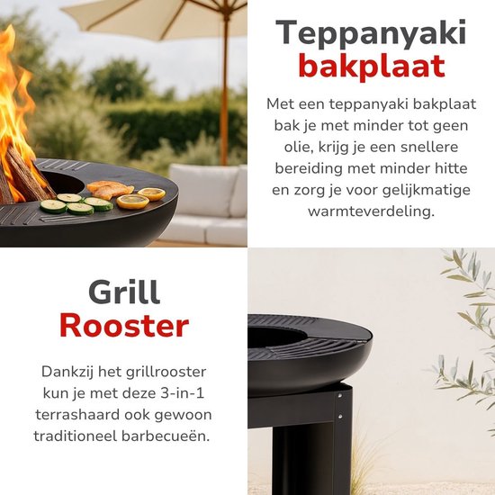 Alpina 3-in-1-Feuerkorb und Grillplatte – Gartenkamin 61 x 90 cm – mit Teppanyaki-Grillplatte – Plancha-Grill mit Holzlager – Feuerkorb für den Außenbereich – Metall