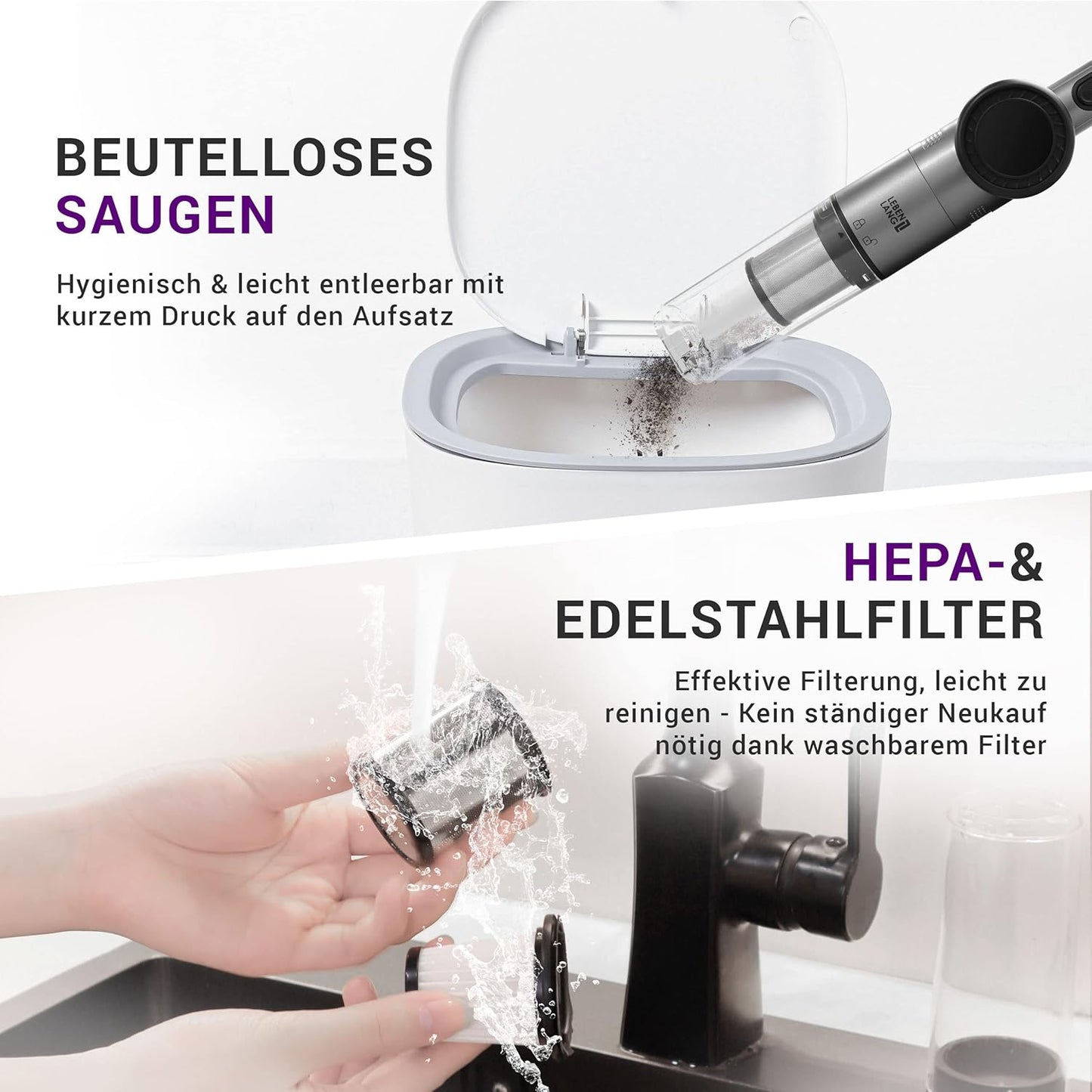 LEBENLANG Staubsauger - Kabellos - 17000PA - 135W - Starker Lithium-Akku - Inklusive Ladestation - Grau