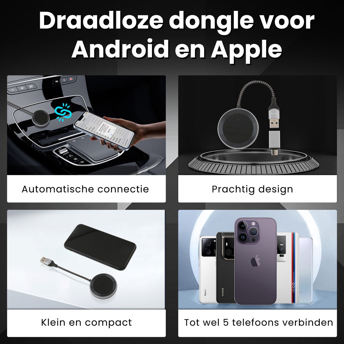 Saaf D200 Plus Apple CarPlay & Android Auto Dongle - Drahtlos - USB-C & USB-A - Kompakt 6,5 x 3,5 x 1,2 cm