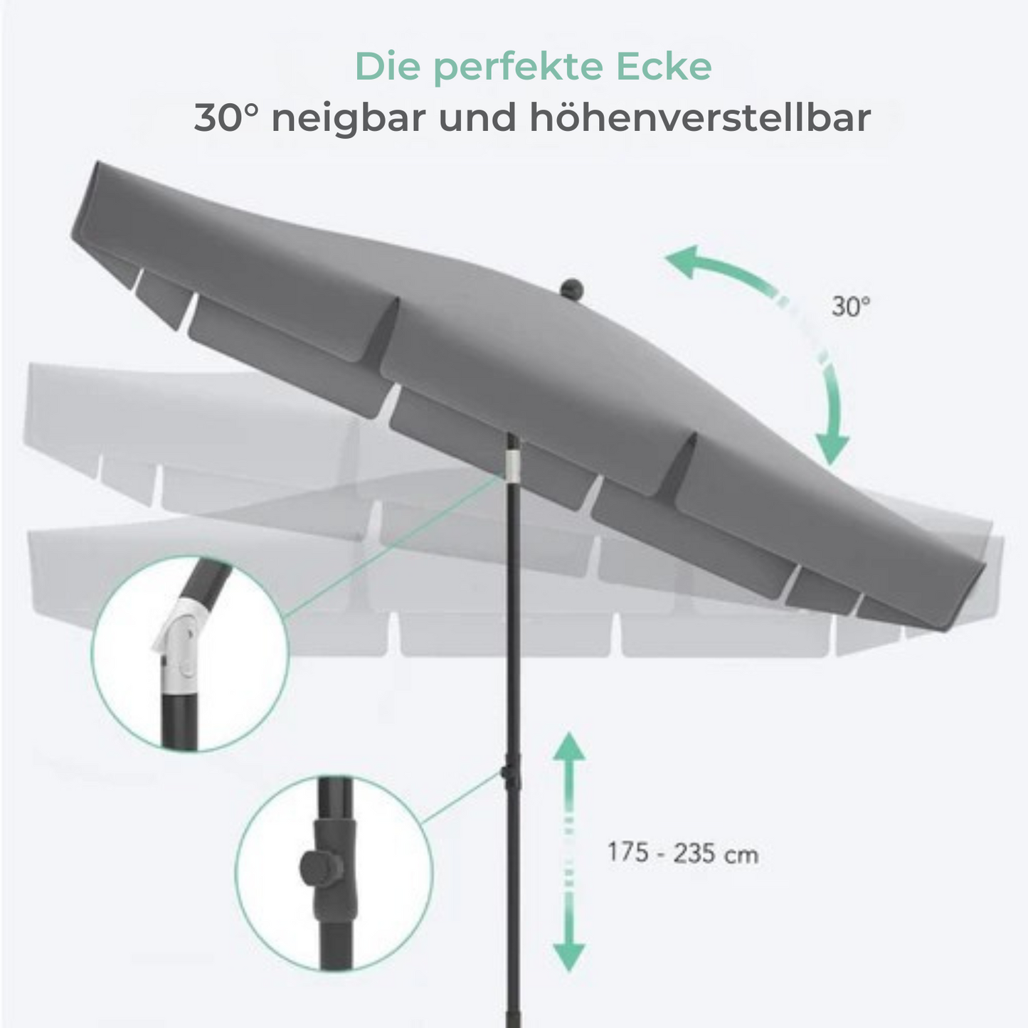 LifeGoods - Sonnenschirm - 200x125cm - 30° neigbar - Wasserdicht - mit Bezug - Grau