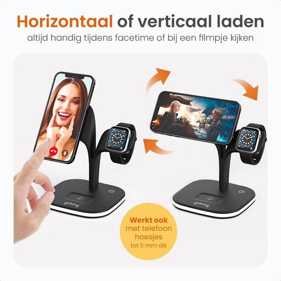 Goliving 5-in-1 kabellose Qi-Ladestation - Magsafe kabelloses Ladegerät - Geeignet für iPhone, Apple Watch & Airpods - Inklusive dimmbarem Nachtlicht und USB-Ausgang - 15W Schnellladegerät - Schwarz