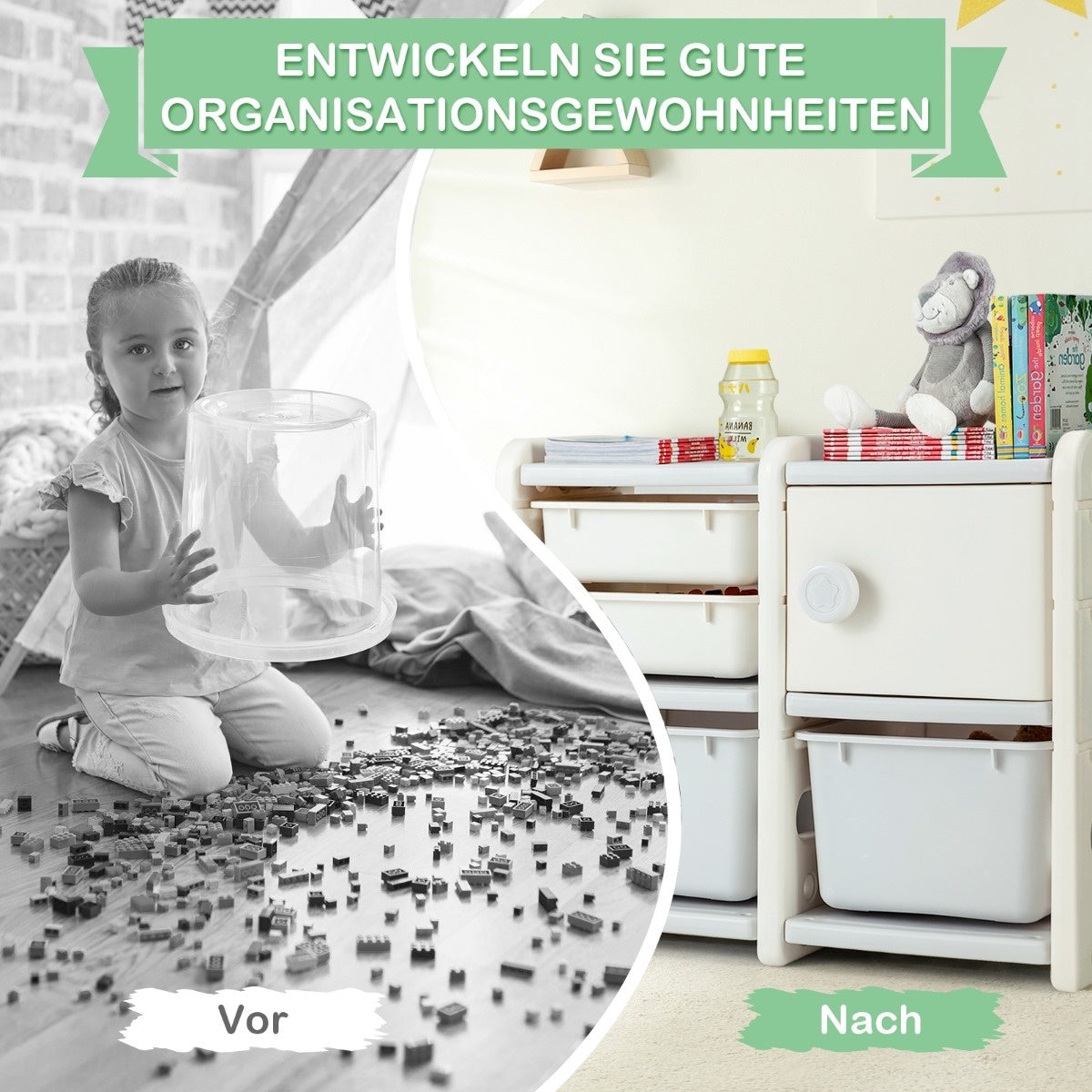 Coast Toy Rack 2 Level Kinderregal mit Schubladen und Aufbewahrungsboxen 110 x 32 x 66 cm