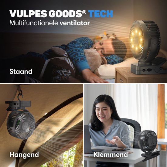 Vulpes Goods® Tech - Mini-USB-Ventilator PRO - Wiederaufladbarer Tischventilator - Leiser Miniventilator mit Fernbedienung - Handventilator - Klein, leise & geräuschlos - 3 Geschwindigkeiten & Beleuchtung - 12000 mAh & Powerbank-Funktion - Premium Schwarz