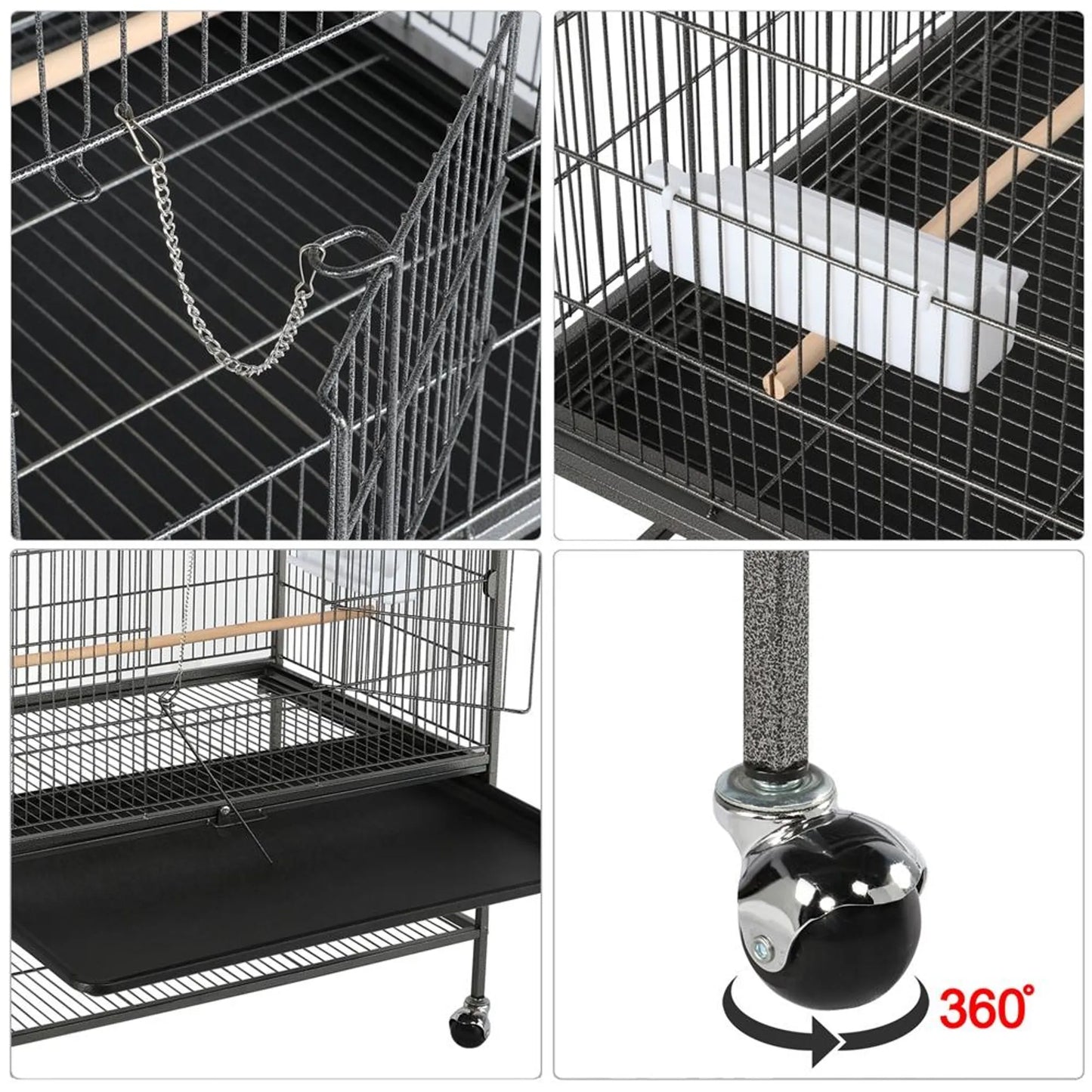 Yaheetech Vogelkäfig XXL mit mobilem Sockel - ausgestattet mit gesicherter Tür und Ablagefläche und 3 Holzstangen - für Papageien und Kakadus - schwarzes Metall - 79 x 52 x 132 cm