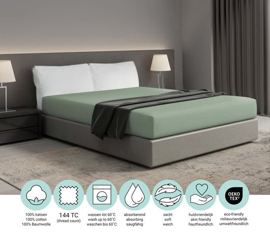 DoubleDry Spannbetttuch 100% natürliche Baumwolle - Doppelbett 180x200 cm - weich & atmungsaktiv - rundum elastisch - Altgrün