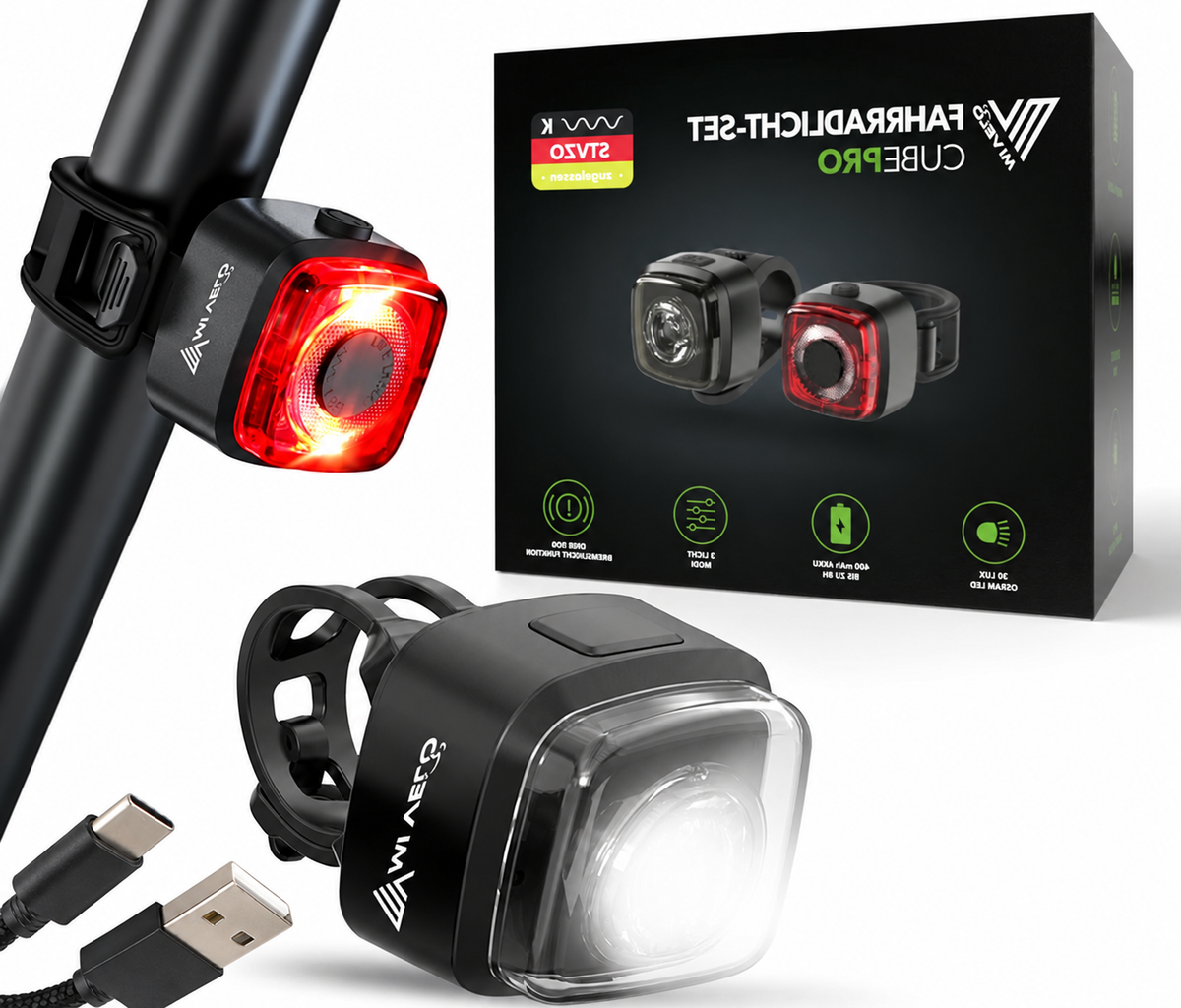 MIVELO Fahrradlampen-Set mit Blinklicht – IPX5 wasserdicht – Fahrradlampe für vorne und hinten, über USB aufladbar – Schwarz