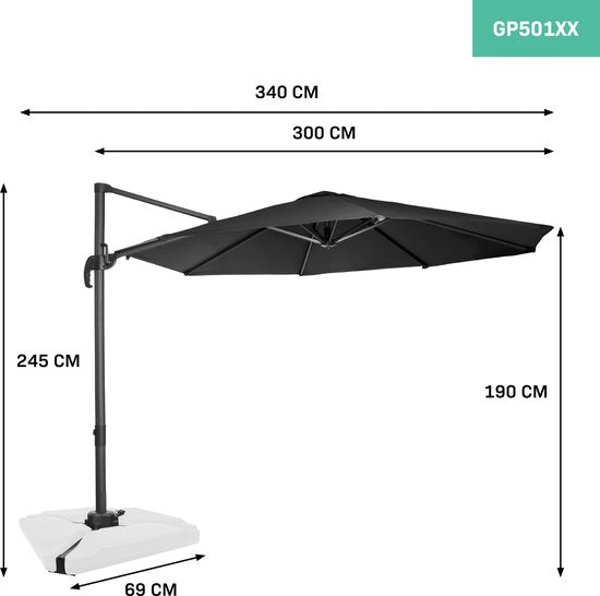 VONROC Premium Floating Parasol Bardolino Ø300cm - Inkl. Kreuzfuß & Schutzhülle - Runder Sonnenschirm - 360° drehbar - Neigbar - UV-beständiges Tuch - Schwarz
