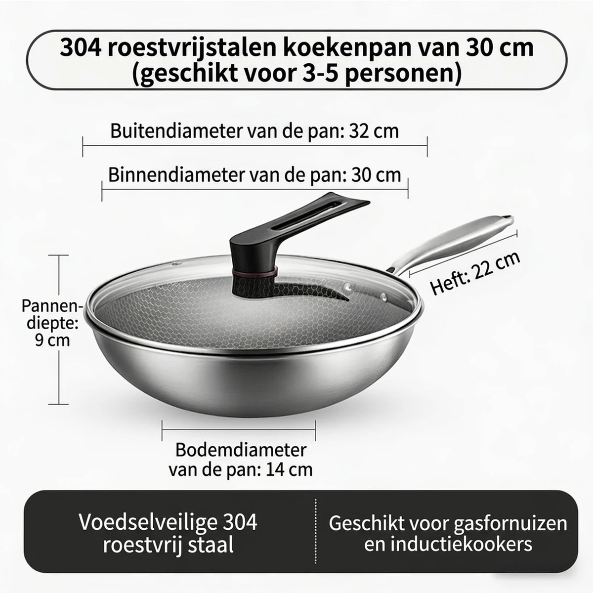 Ochama Wok 30 cm mit Deckel – Edelstahl, Wabenmuster, Antihaftbeschichtung ohne Teflon – geeignet für Induktion, Gas und Elektroherde