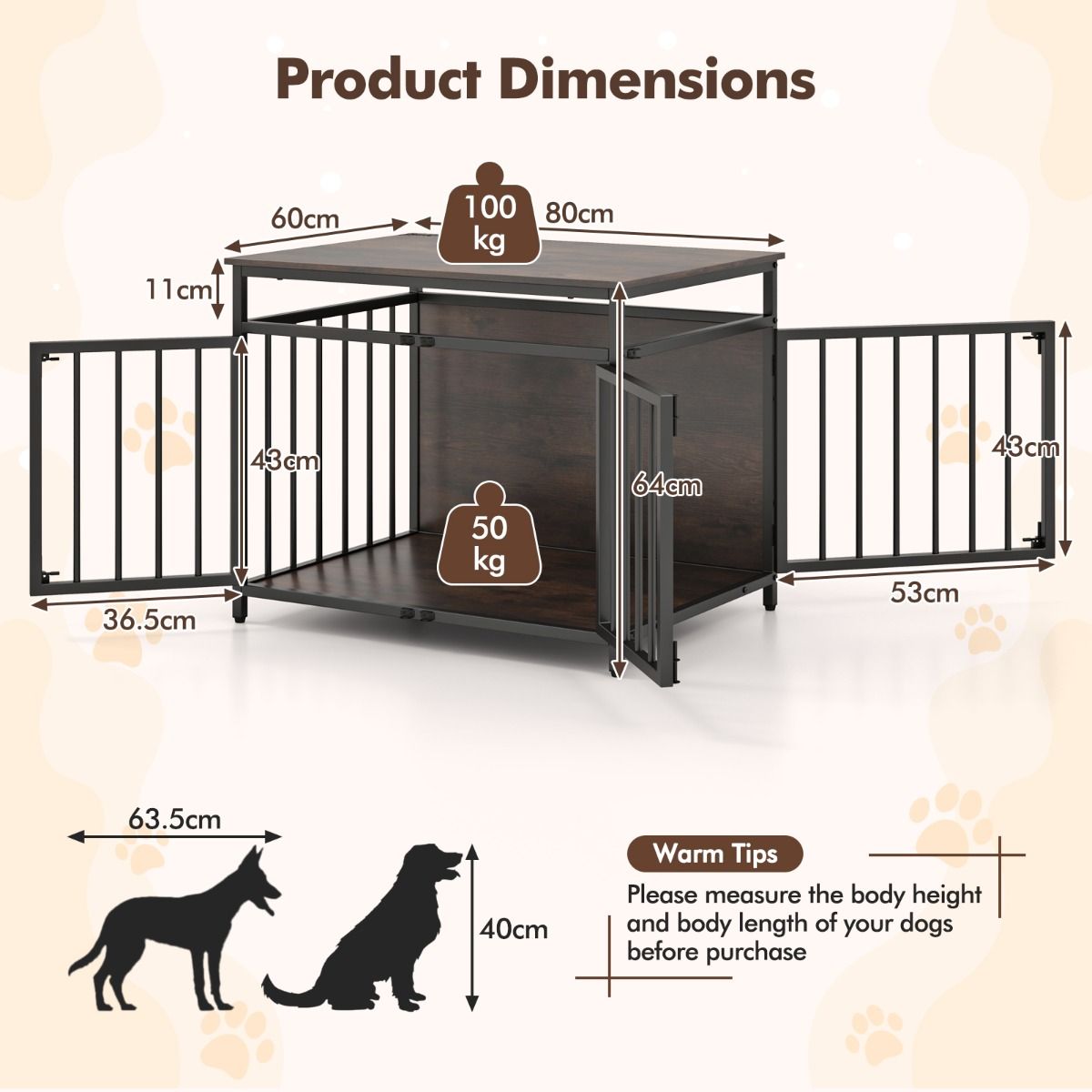 Coast Hundebox-Möbel – 3 Türen – Beistelltischfunktion – rustikales Braun und Schwarz – 80 x 60 x 64 cm
