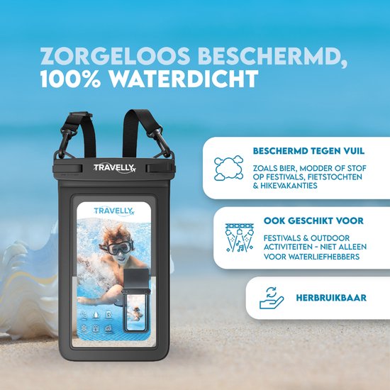 Travelly® Wasserdichte Handytasche mit extra Staufach - Universelle Unterwassertasche für Smartphone - Geeignet für alle Handys - Drybag - Für Urlaub, Schwimmen & Wassersport - Schwarz