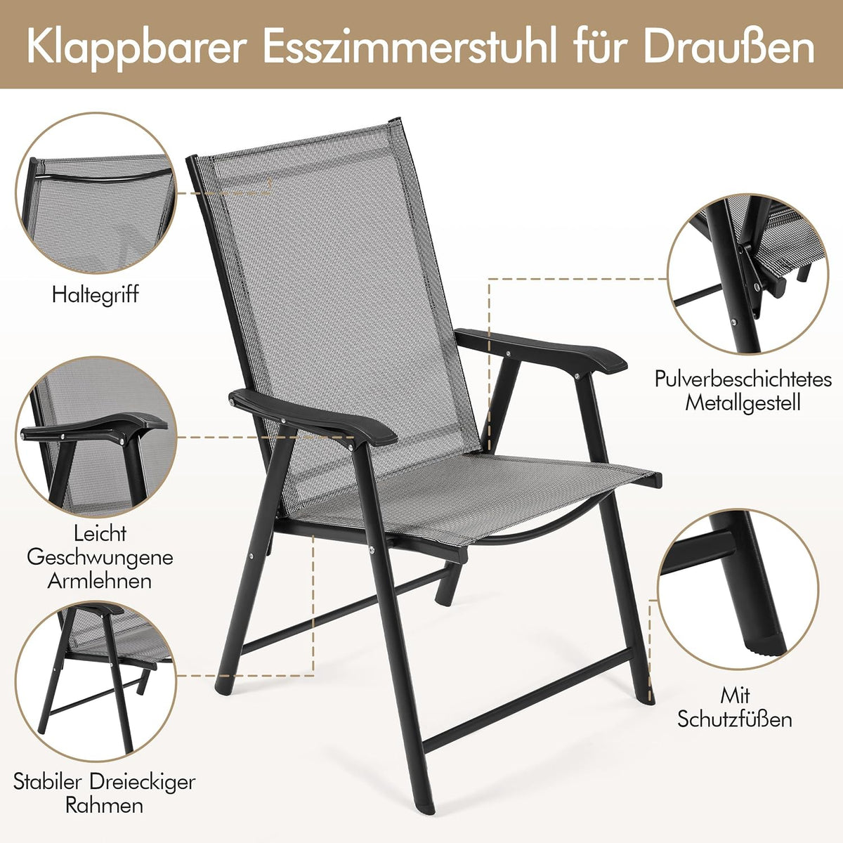 Yaheetech Gartenstuhl-Set, 2er-Set – Klappstühle mit Rückenlehne und Armlehnen – Braun – 54 x 57 x 93,5 cm – Belastbar bis 150 kg