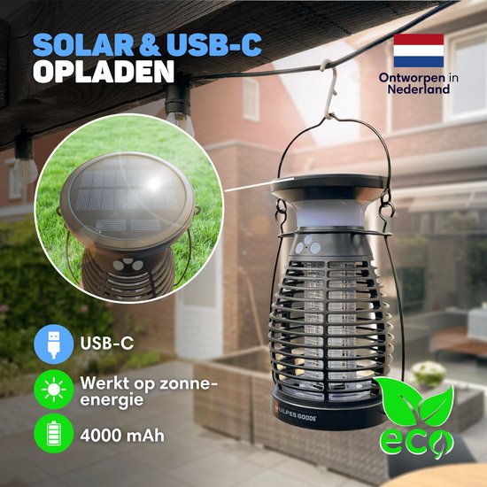 Vulpes Goods® Repellent Mückenlampe PRO - Elektrischer Insektenvernichter - UV-Modus & Nachtlicht - Aufhängbar - Wiederaufladbar & Solar - Wasserdicht - Inkl. Auffangschale & Reinigungsbürste