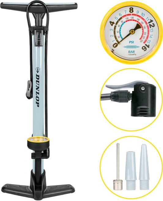 Dunlop Fahrradpumpe mit Manometer - Fahrradpumpe für Dunlop, Schrader und französische Ventile - Standpumpe inkl. Adapter für Wasserspielzeug und Bälle