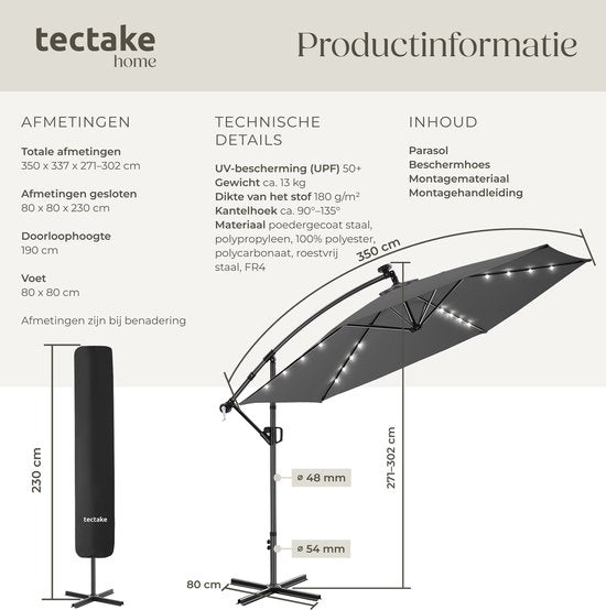 tectake® Schwebeschirm mit Sockel – 3,5 x 3,5 m – Gartenschirm mit solarbetriebener LED-Beleuchtung – schwenkbar – wasserabweisendes Polyester mit UV-Schutz – inklusive Schutzhülle – grau