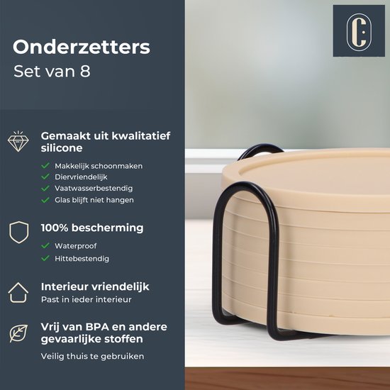 Castagnola Silikon-Untersetzer - Untersetzer für Gläser - Design-Untersetzer mit Halter - Untersetzer-Set - Anti-Rutsch - 8er-Set - Beige