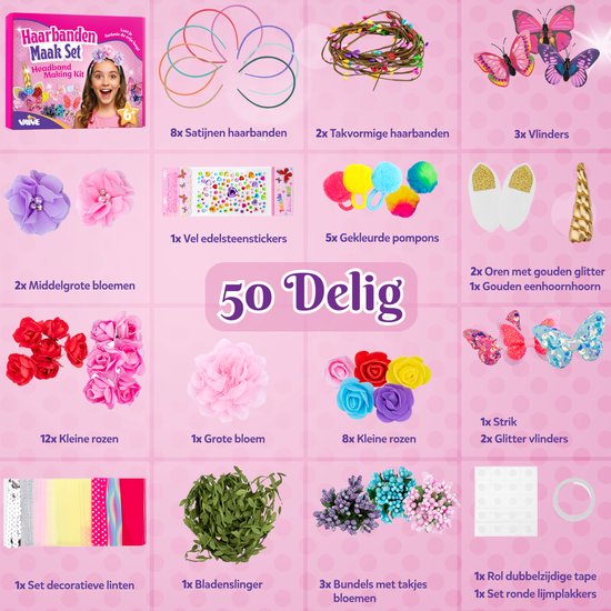 Vaive Haarband Bastelset 54-teilig - 10 Haarbänder basteln - Stirnband Basteln für Mädchen - Schmuck basteln - Bastelsets