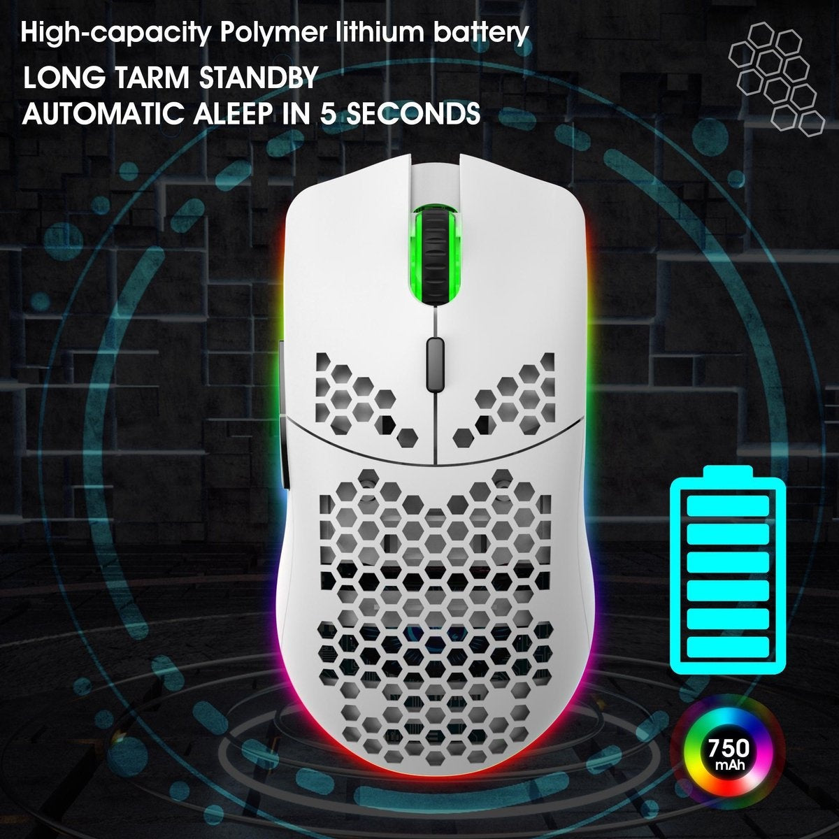 HXSJ T66 2.4G Wireless Gaming Mouse - Computermäuse - Ultraleicht - Kompakt für unterwegs - RGB-Beleuchtung - Weiß