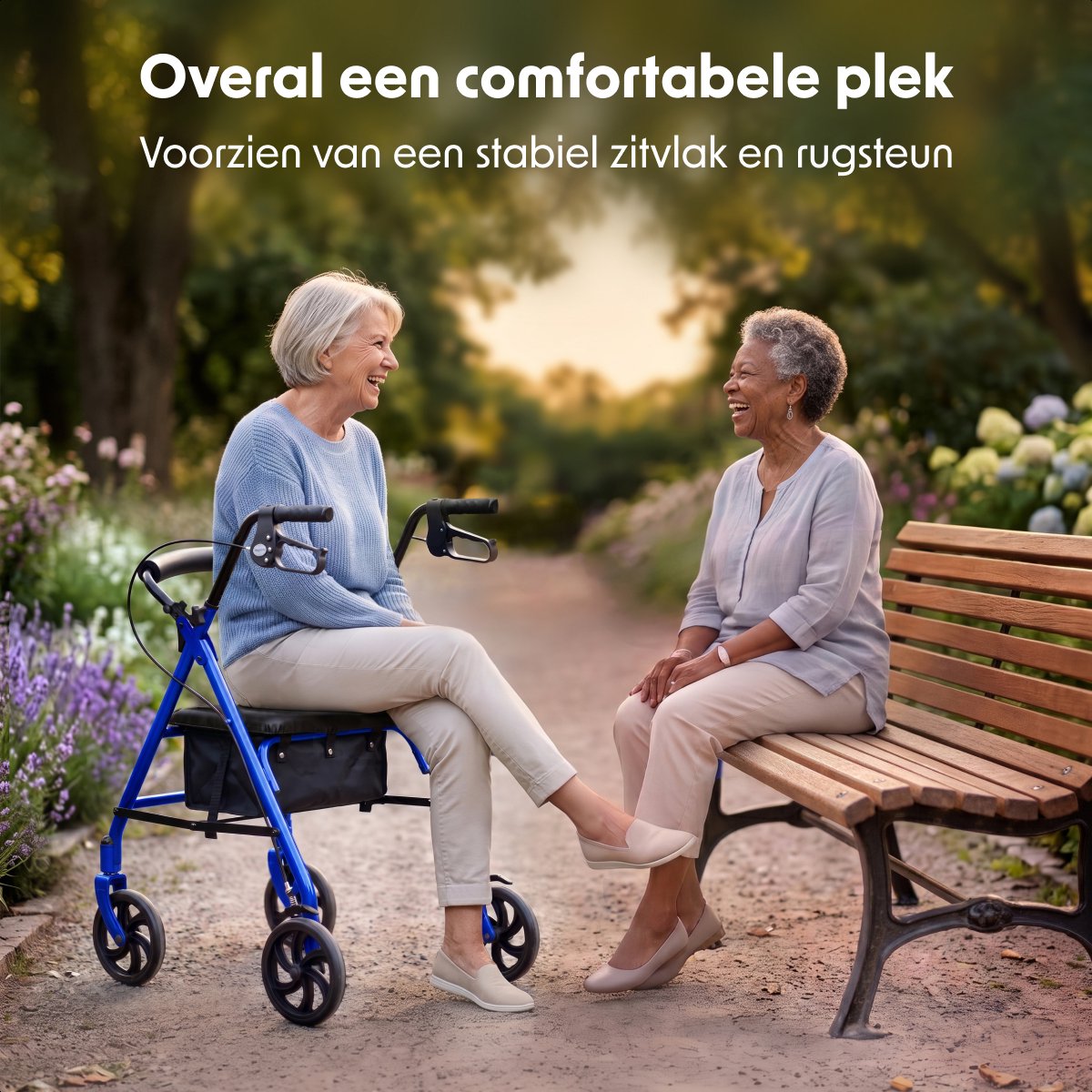 LifeGoods Basic Rollator – leicht und zusammenklappbar – mit Sitz und Rückenlehne – höhenverstellbar von 79 bis 89 cm – Tragkraft 136 kg – 66 x 59 x 79–89 cm – dunkelblau