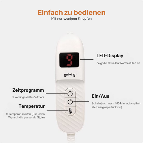 Goliving - Heizdecke mit Ärmeln - Waschbar - mit 9 Einstellungen und Timer - 195x125 cm -Grau