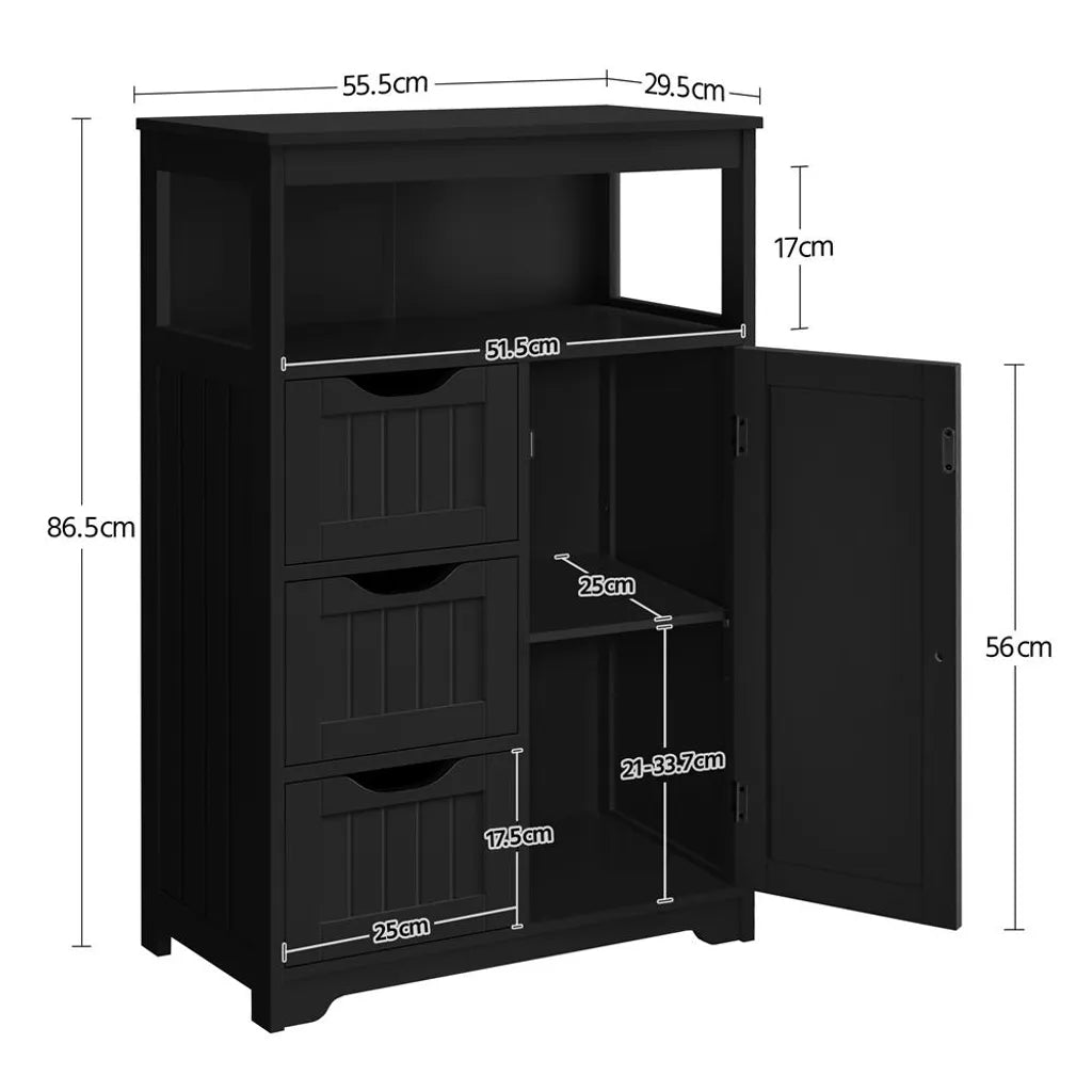 Yaheetech Badezimmerschrank 55,5 x 29,5 x 86,5 cm – Schwarz – Badezimmermöbel mit 3 Schubladen und verstellbarem Einlegeboden