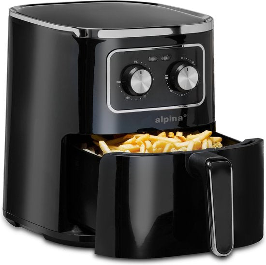 alpina Airfryer 4.5L- Heißluftfritteuse für 3 bis 4 Personen - Luftfritteuse mit einstellbarer Temperatur von 80°C bis 200°C - Timer bis zu 60 Minuten - Heißluftfritteuse 1450W - Schwarz