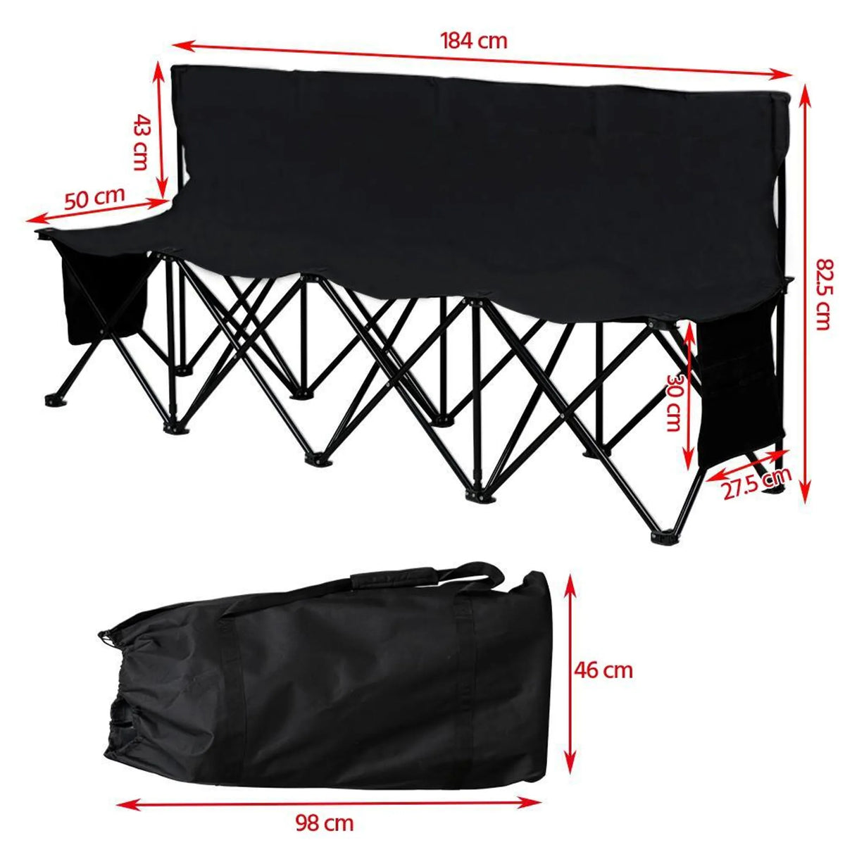 Yaheetech Camping Bank faltbar 4-Personen - 184 x 49 x 82,5 cm - Ausgestattet mit 600D Oxford-Gewebe und Tragetasche und 2 Aufbewahrungsfächer - Für Camping und Sport-Turniere - Schwarz Metall