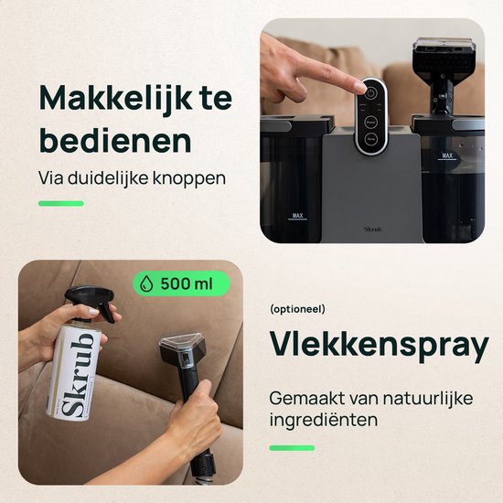 Skrub 4 in 1 Kompakt-Teppichreiniger mit Heißwasser - Beheizt bis 60°C - Fleckenreiniger - 4 Aufsätze - 1200 Watt - Sofa-Reinigungsmaschine