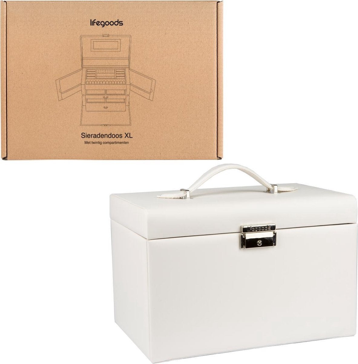 LifeGoods Schmuckkästchen XL - Schmuckkästchen - 20 Fächer - Weiß/Beige