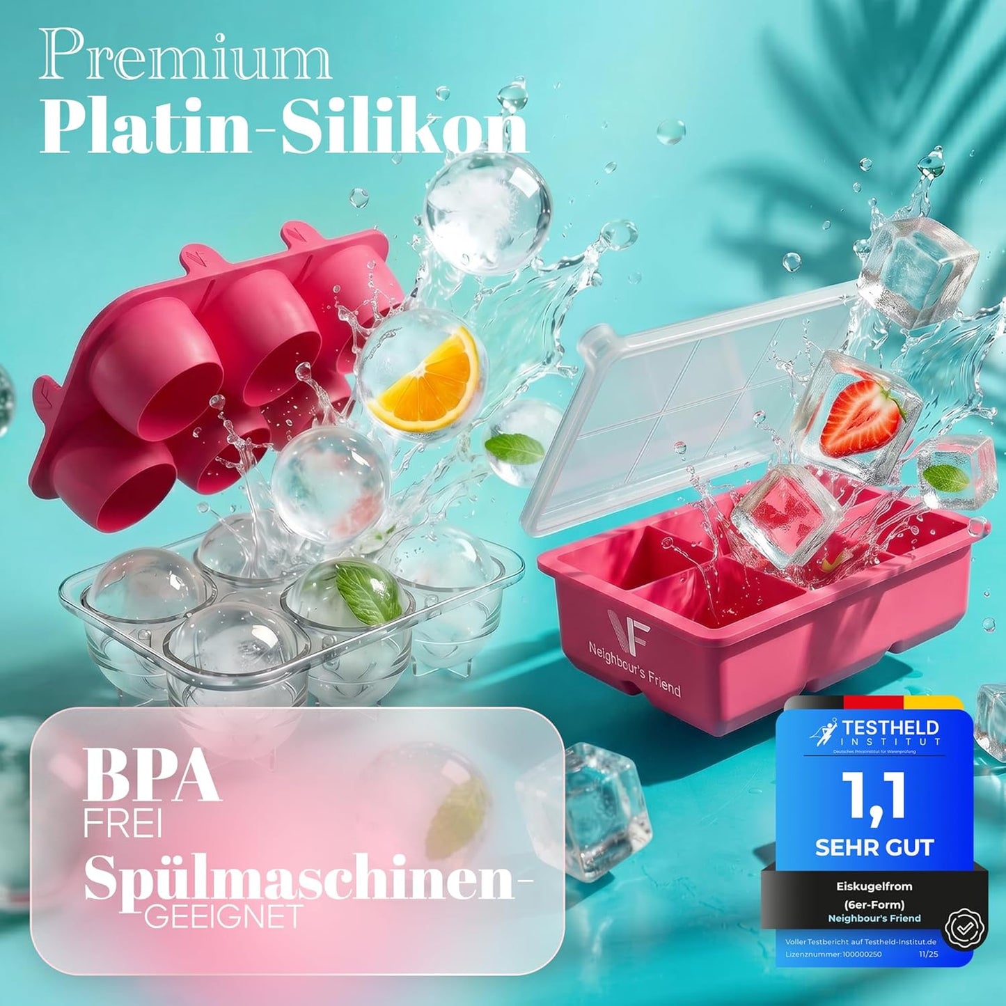 Neighbour's Friend Eiswürfel- und Eiskugelform-Set – Rosa – XXL – Silikon