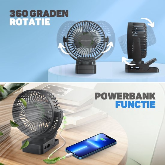 Vulpes Goods® Tech - Mini-USB-Ventilator PRO - Wiederaufladbarer Tischventilator - Leiser Miniventilator mit Fernbedienung - Handventilator - Klein, leise & geräuschlos - 3 Geschwindigkeiten & Beleuchtung - 12000 mAh & Powerbank-Funktion - Premium Schwarz