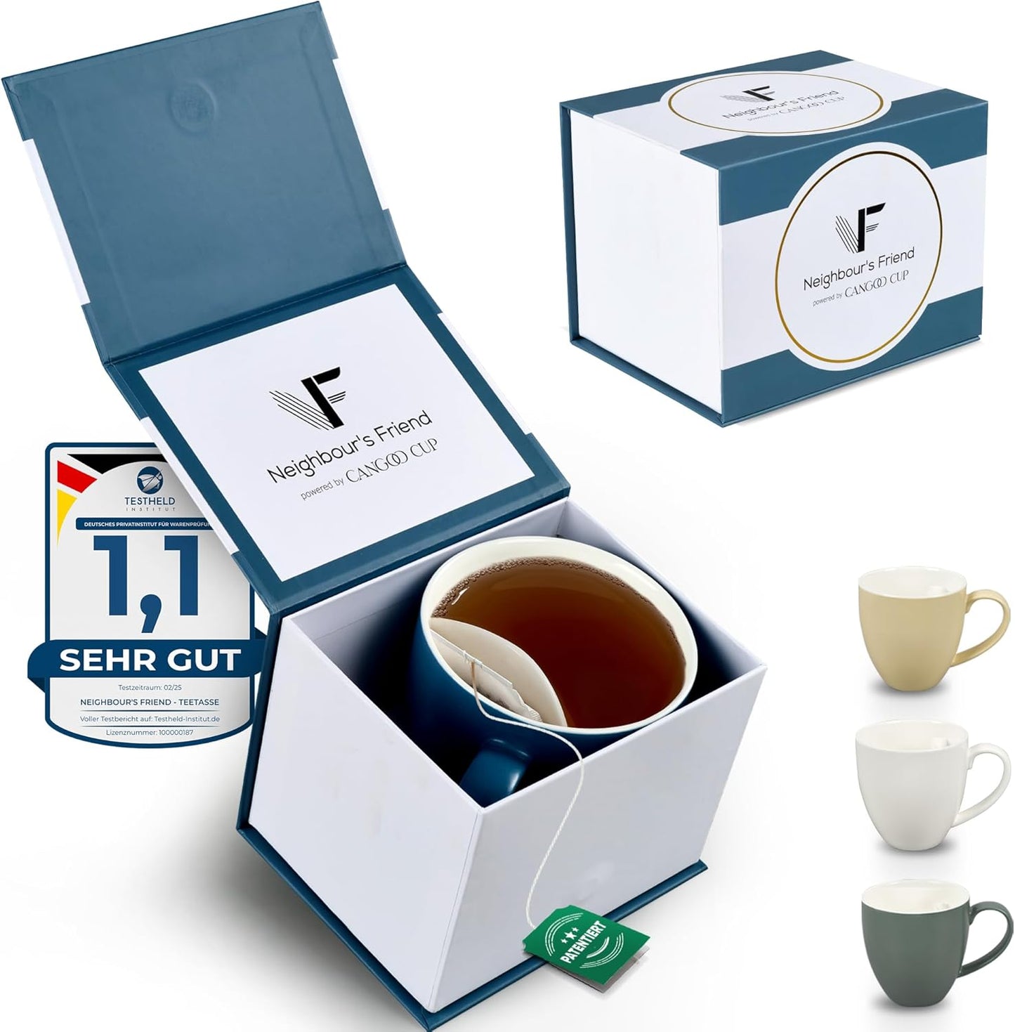 Neighbour's Friend Patentierte Teetasse blau Geschenk Box I Keramik Tasse groß 325ml I Teebecher Steingut I Keramiktasse für Tee I Spülmaschinengeeignete Teetassen I Modernes Design für Teetrinker