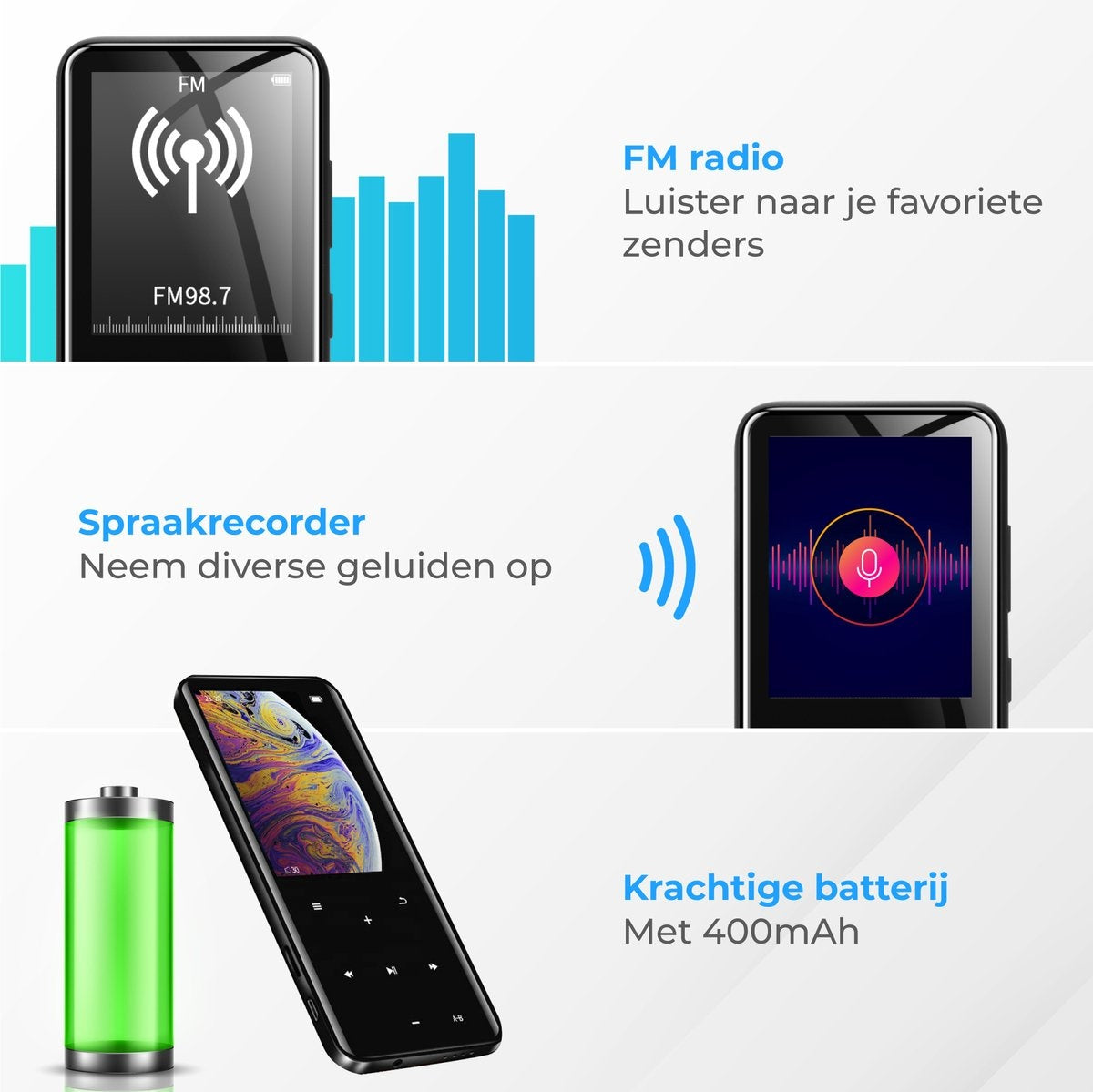 Nuvance - MP3 Player Bluetooth - 16GB interner Speicher - Unterstützung von bis zu 128GB - Voice Recorder Digital - mit FM Radio - Schwarz