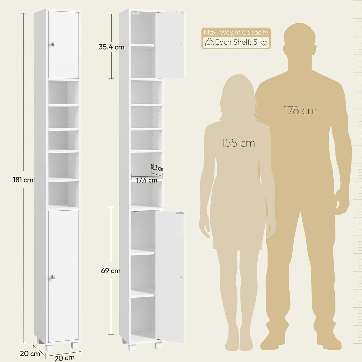 Yaheetech Schmaler Badezimmerschrank mit 6 verstellbaren Einlegeböden, 20 × 20 × 180,5 cm, weiß